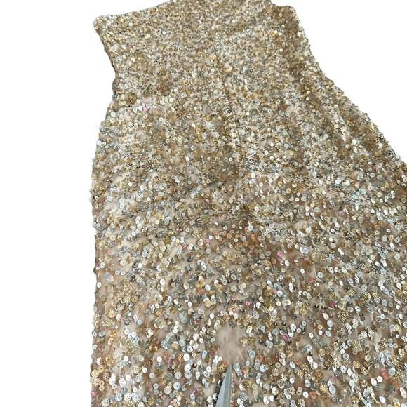Mac Duggal NEW One Shoulder Sequin Embellished High Slit Maxi Gown Champagne 4 - Picture 15 of 16